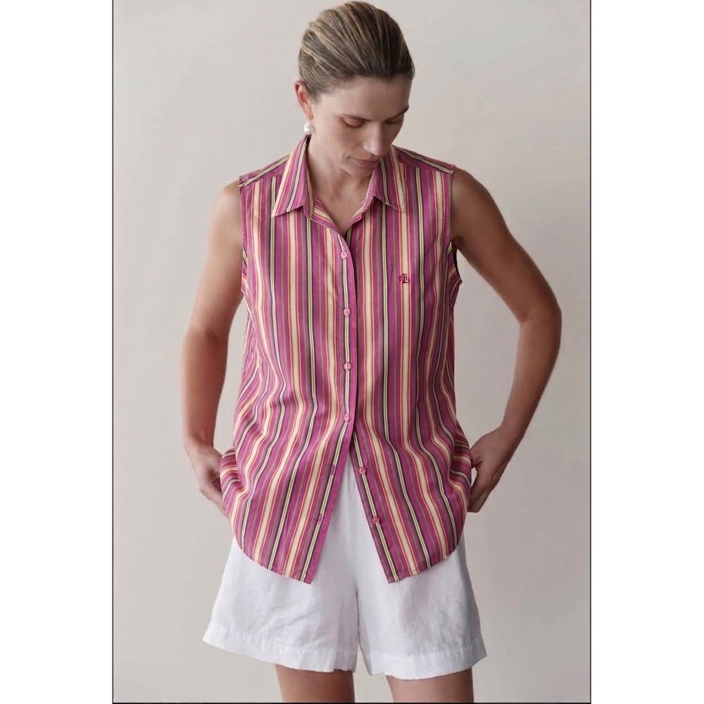 Lauren Ralph Lauren Pink Striped Sleeveless Button Down Shirt Womens Medium